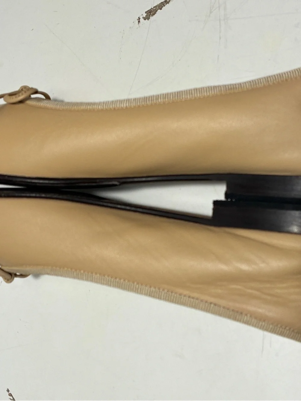 CHANEL Beige Leather Ballet Flats with Black Cap Toe and CC Logo